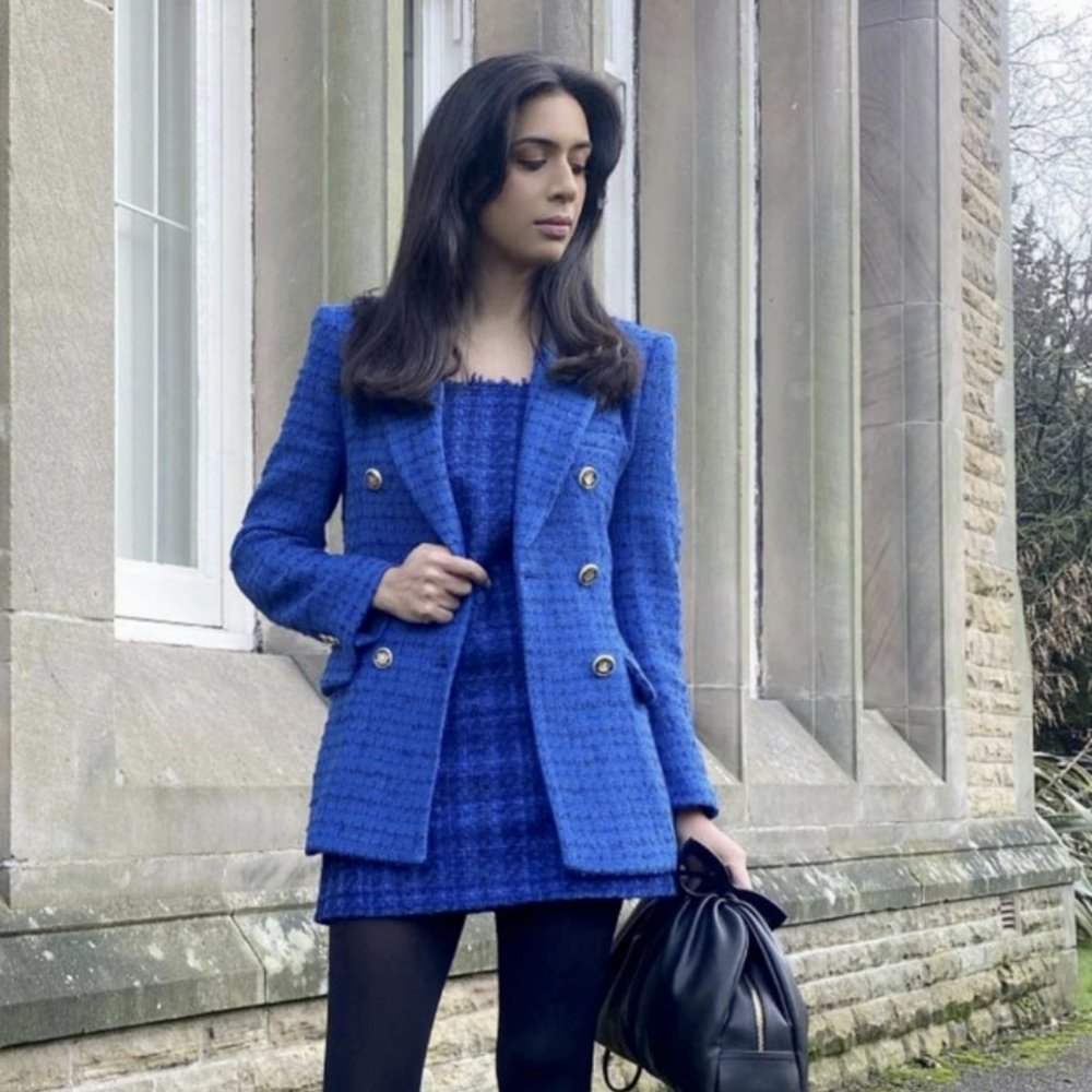 ZARA WOMEN New Faux Leather Collar Textured Blazer Jacket BLUE 2128/242 XS S M